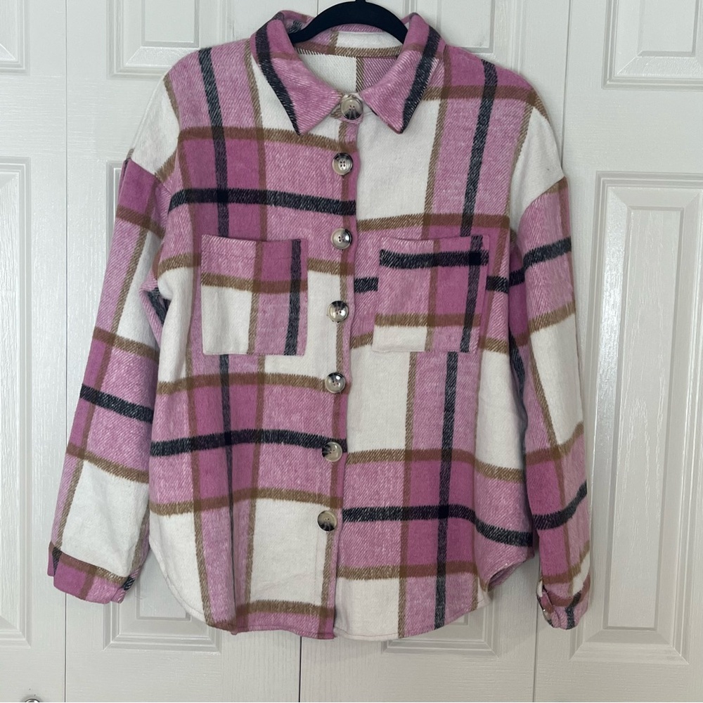 Plaid Shacket Size Large Pink Off White Stripes